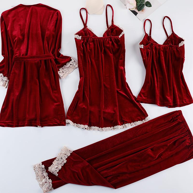 Neue Home Wear Samt Pyjamas Pyjamas 4-teiliges Set Damen Pyjamas Sexy Spitzen Pyjamas Pyjamas Set Lose Home Kleidung
