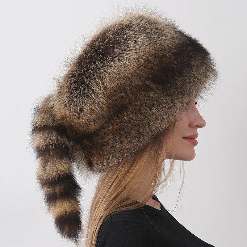 

Новые зимние шапки для женщин с хвостом пушистого енота, удобная круглая зимняя шапка 55-59cm
