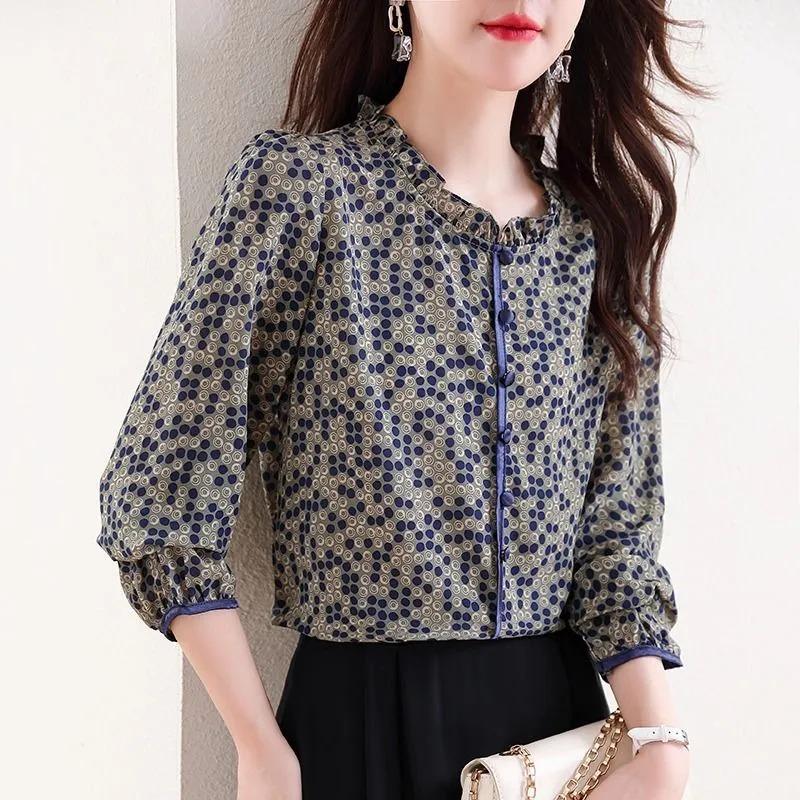 Printed Chiffon Shirt Spring and Autumn New Fashionable Style Shirts Women's Age-reducing Tops