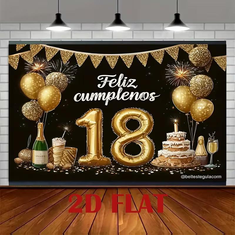 2D Black Gold 18th Birthday Photography Backdrop with Feliz Cumpleaños