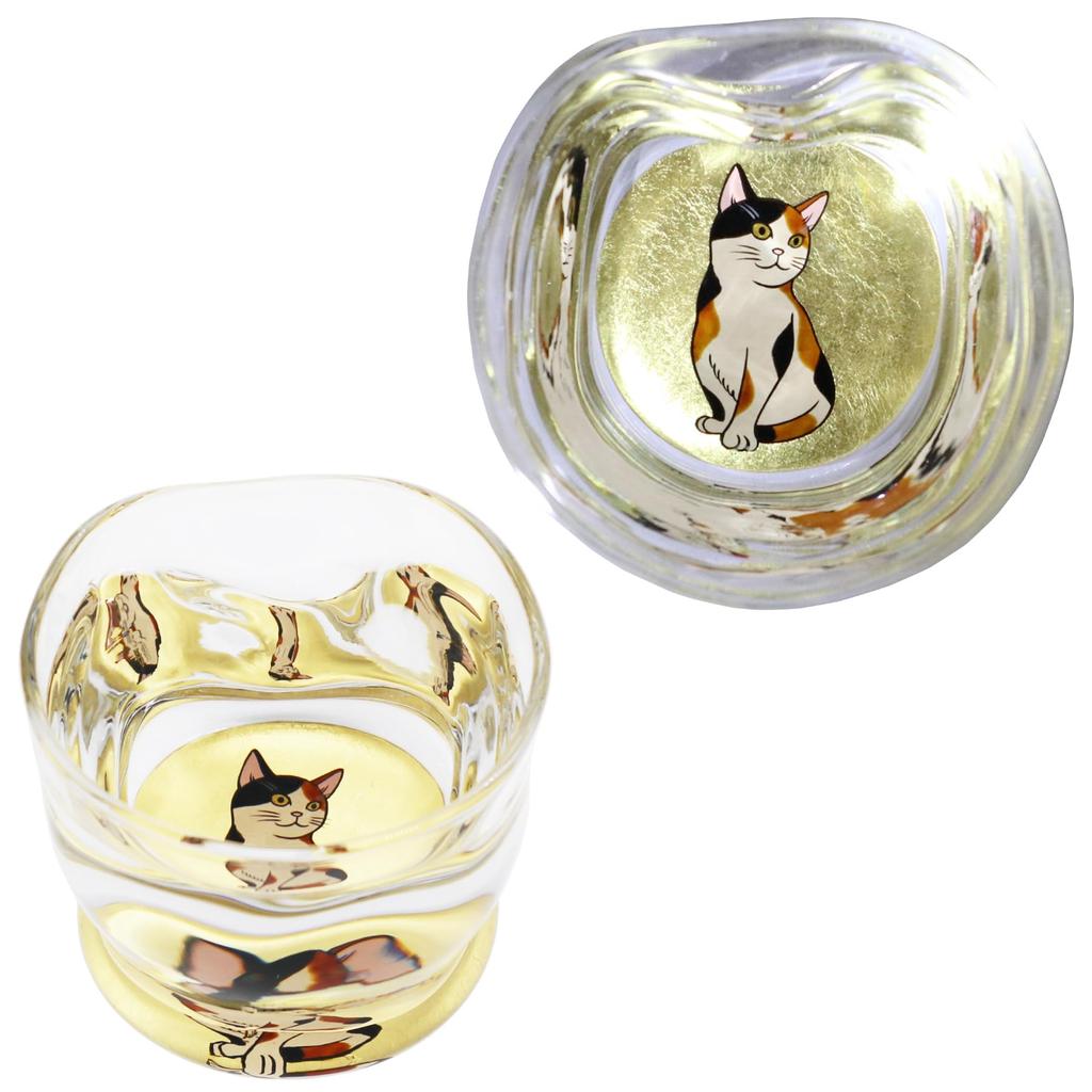 Kasyou Studio Kasyou Glass Calico Cat Sake Cup in with Kanazawa Gold Leaf Maki-e Twist-Shaped (Kaga Maki-e/Gift Box/Made Japan/High-Quality)