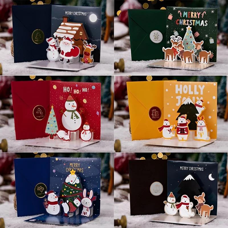 6/1PC 3D Christmas Pop-up Card Santa Snowman Xmas Greeting Cards New Year Decoration Party Invitations Gift Friends Postcard