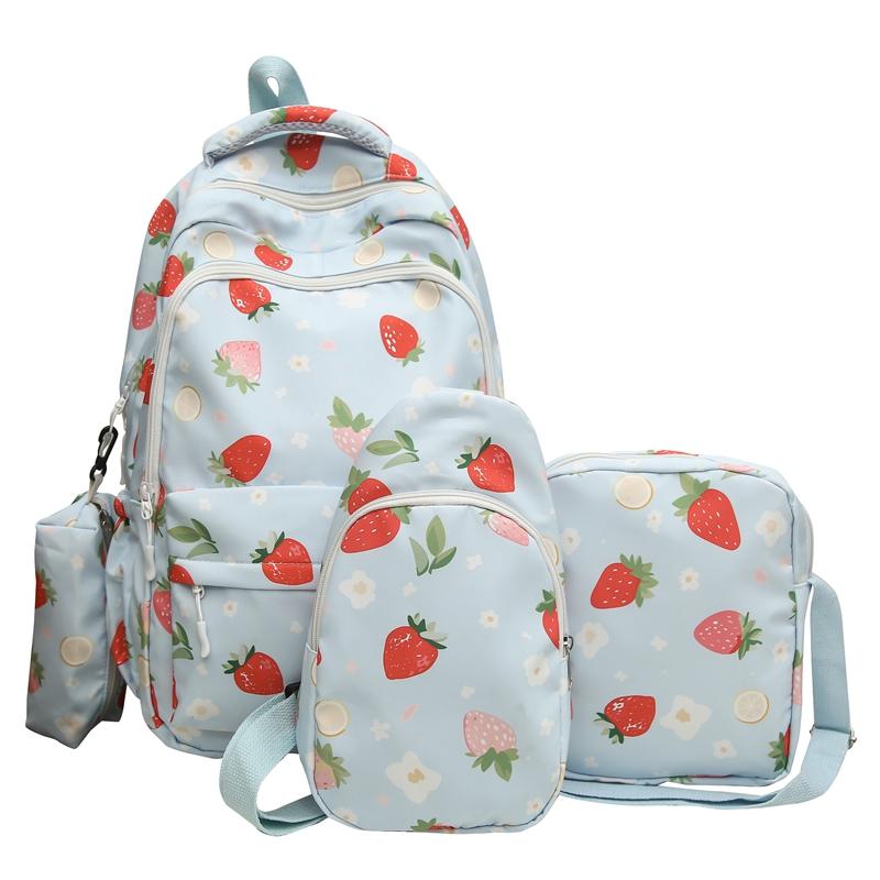 Four-Piece Strawberry Schoolbag Travel Backpack Women's Large Capacity Printed Backpack for Students