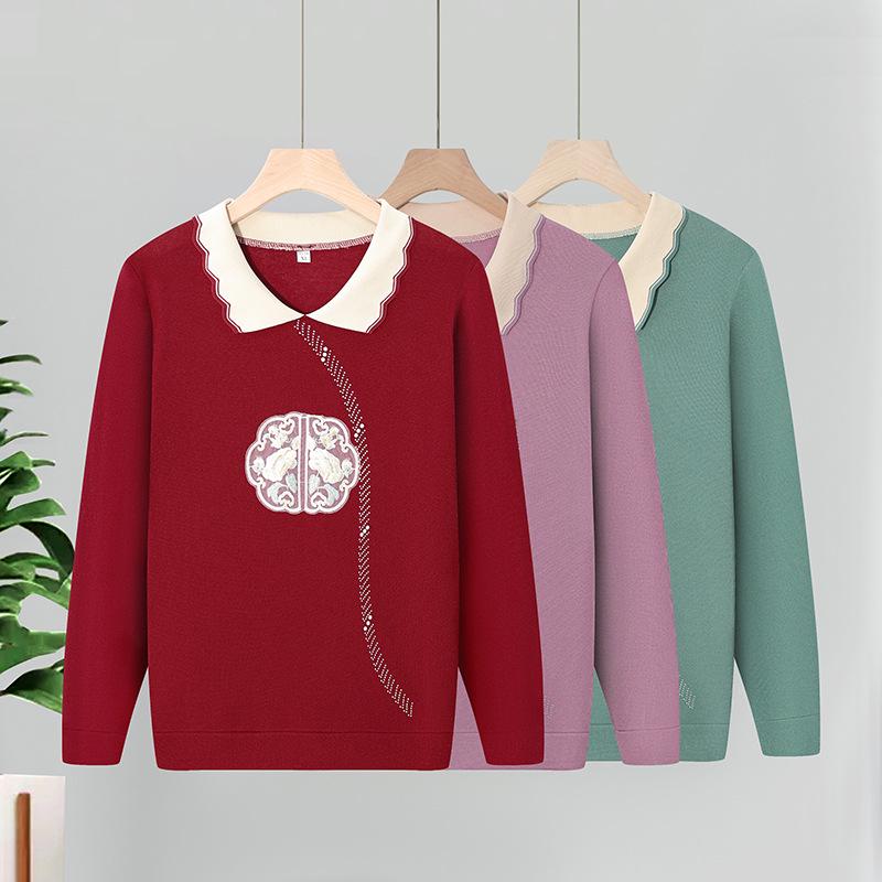 

Mom s 2025 Spring & Autumn Knit Top for Middle-Aged Women 5XL (145-155 Jin) вино красного