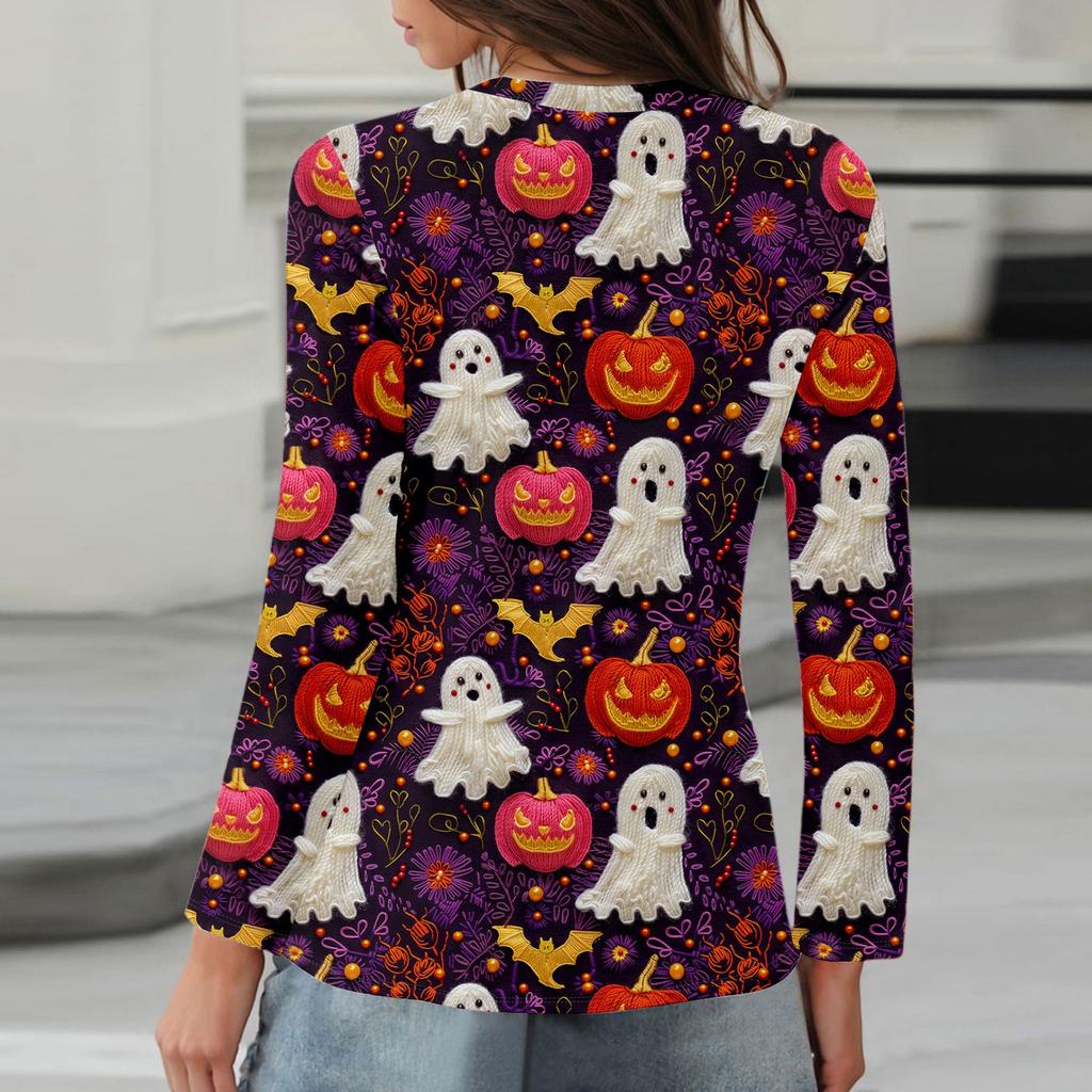 Langarmshirts Für Damen Niedliche Halloween-Print Grafik-T-Shirts Blusen Lässig Große Größen Basis-Oberteile Pullover