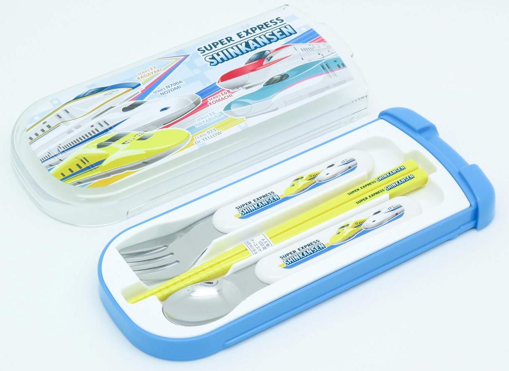 OSK Cutlery Shinkansen with and Made in Sliding Dishwasher Easy to for Children and Elementary School Set, Design, Pull-Lid Trio, Chopsticks, Spoon,