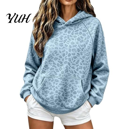 Leopard Print Sweatshirt Women Hoodie, Oversized Drop Shoulder Hooded with Pocket, Loose Casual Pullover Top Long Sleeve for Autumn Winter Warm