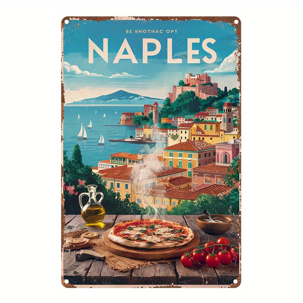 Hisun Tin Sign Vintage Naples Italy Travel Poster Tin Sign Retro Italian Coastal City Pizza Landscape Metal Wall Art Rustic Decor Plaque for 20x30cm