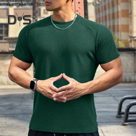 Men Summer Top with 3D Texture Round Neck Short Sleeves Loose Solid Color Muscular Men Sport T-shirt Daily Exercise Shirt