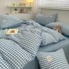 Vierteiliges Bettwäscheset aus reiner Baumwolle Einfache karierte Baumwollbettlaken Bettbezug gestreifte Bettwäsche