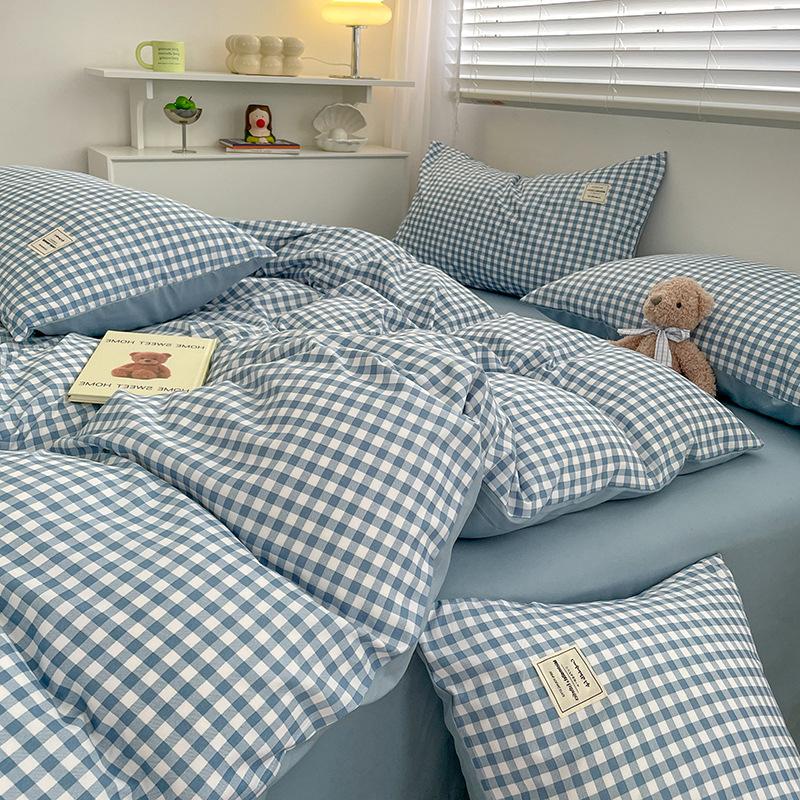 Pure Cotton Bedding Four-piece Set Simple Plaid Cotton Sheets Quilt Cover Striped Bedding