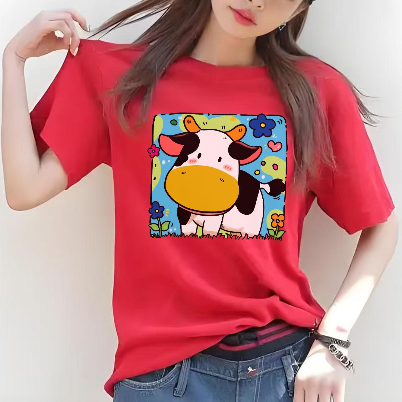 

Cute and fresh cow cartoon printed pattern short sleeved round neck daily versatile Womens Tshirt suitable for all seasons S