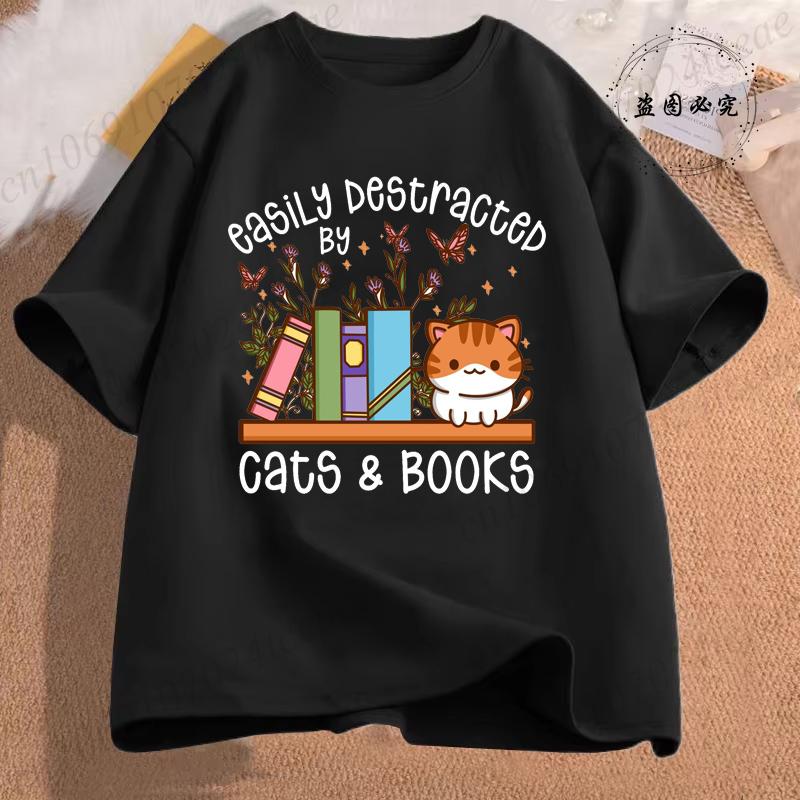Easily Distracted By Cats & Books Tees Tops Floral Cat Shirt Women Fashion Tshirt Oversize Summer Tshirt Short Sleeves Clothing