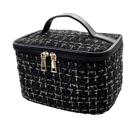 

Набор косметичек с клетчатой текстурой, застежкой-молнией, большими карманами, вместимостью, внутренней сеткой с ретро-ручкой, переносным туалетом чёрный