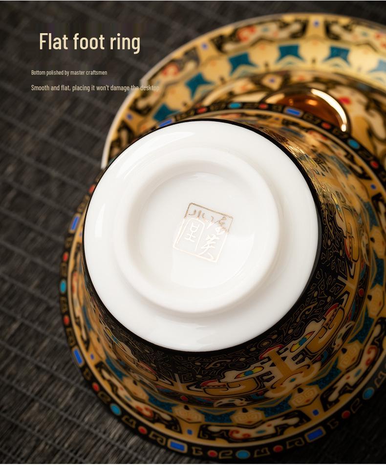 Rotating Sancai Gaiwan: Enamel Color Mutton Fat Jade Porcelain Tea Bowl with Lid for Kung Fu Tea Brewing.