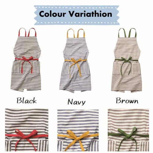 Rep habituel Evelyn Apron, Black Striped, 73cm Long x 84cm Wide, with Pockets, 100% Cotton, Machine Washable, Shoulder Strap, Tie-in Front, Stylish an