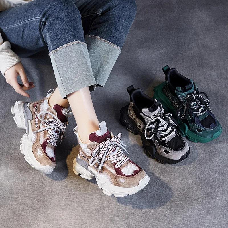 6CM Plateau Frühling Herbst Hohl Damen Bequeme Schuhe Air Mesh Echtes Leder Klobige Sneaker Sandalen Vulkanisiert Atmungsaktiv Slipper