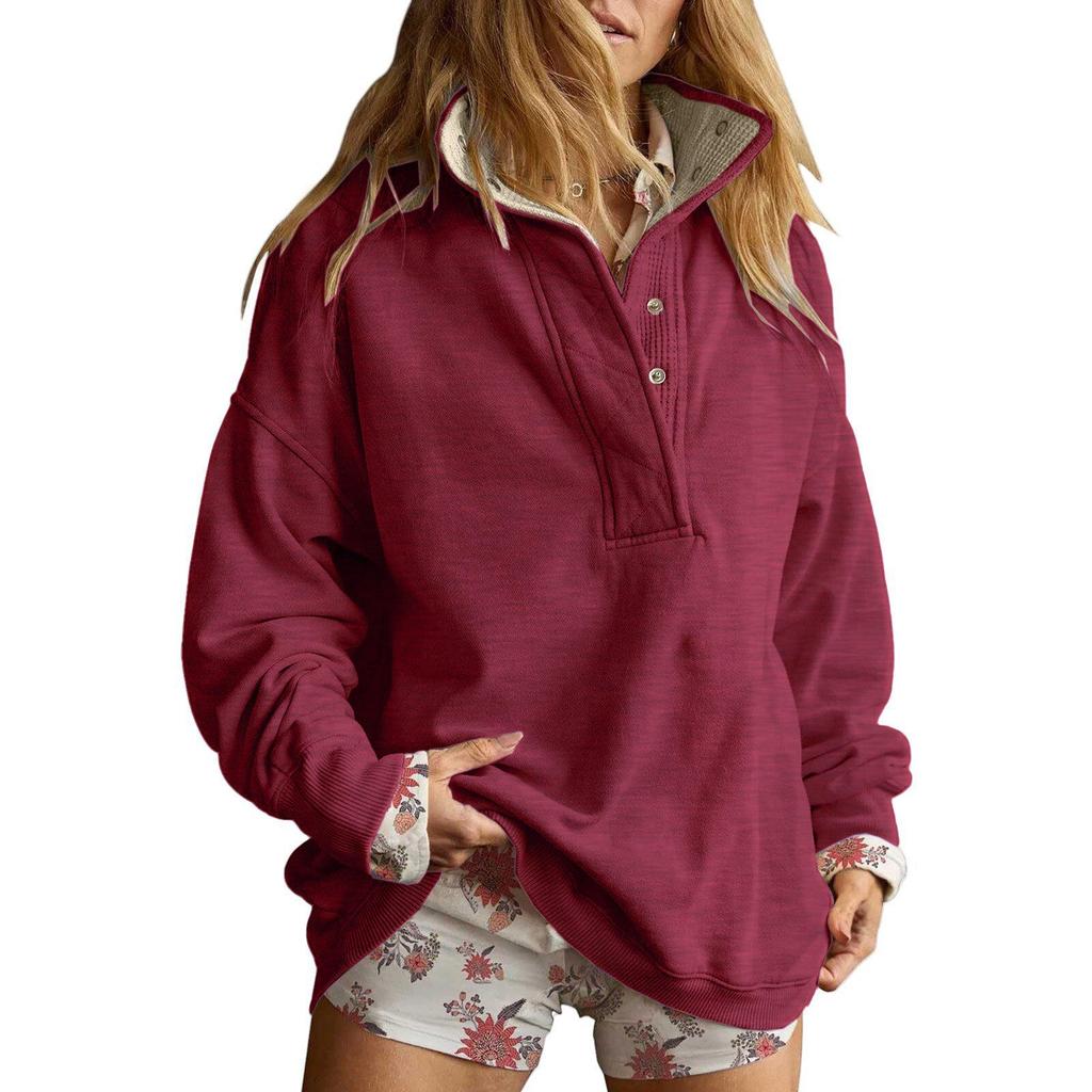 Sweat-shirt décontracté ample pour femme automne/hiver 2025, couleur unie, à boutons, pull