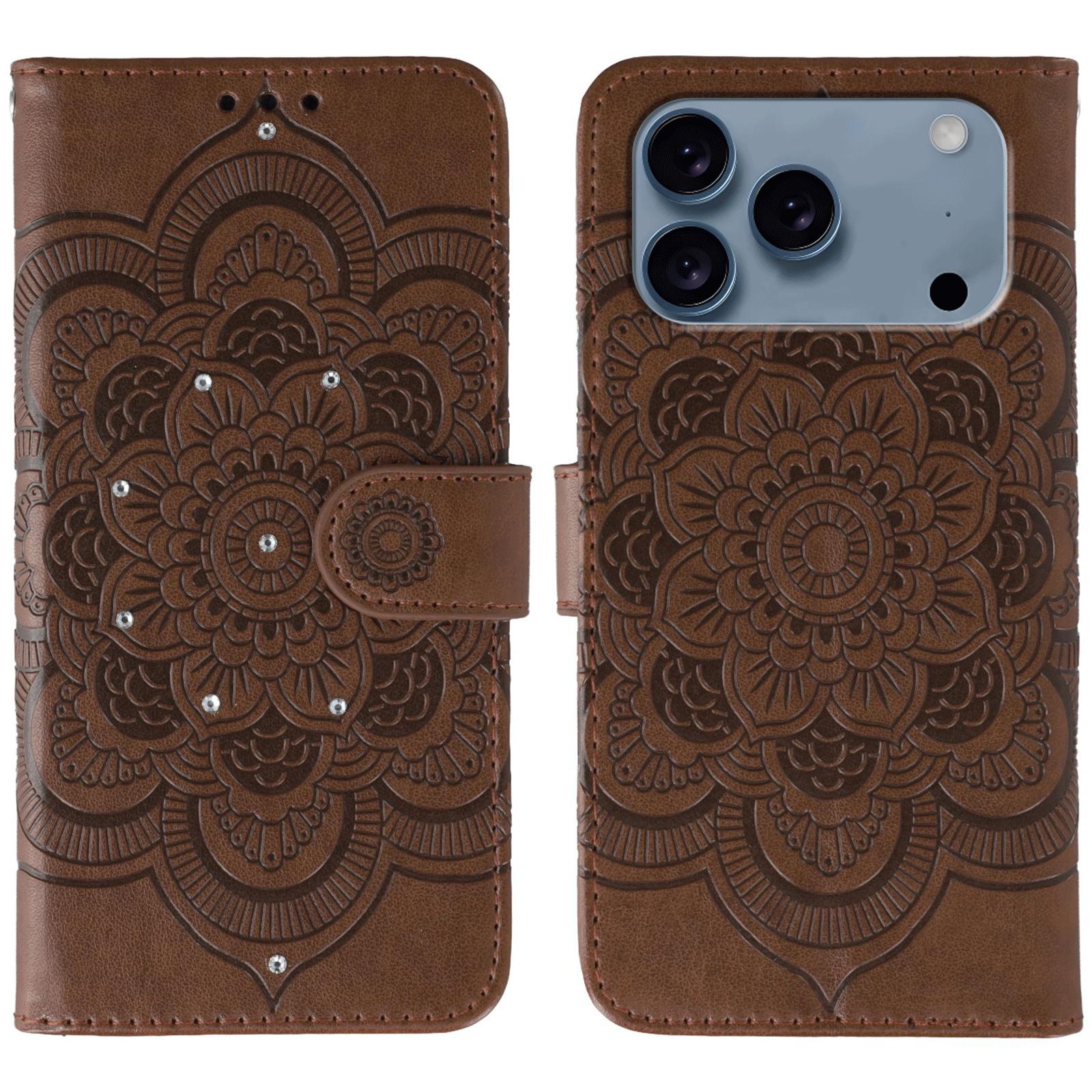 

For iPhone 17 Pro Case Rhinestone Decor PU Leather Mandala Imprinted Design Phone Cover with Wrist Strap Brown