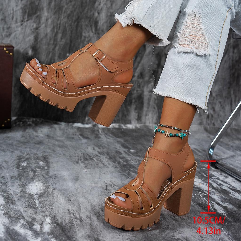 New Ethnic Style Roman Style Sandals with Summer Thong High-heeled Shoes with Velcro, Casual European and American Thick Heel High-heeled Shoes