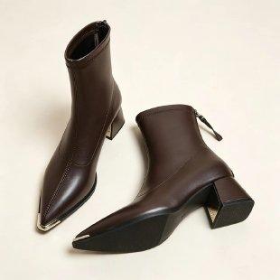 French pointed high-heeled short boots women's autumn and winter metal head thick heel commuting versatile rear zipper women's boots