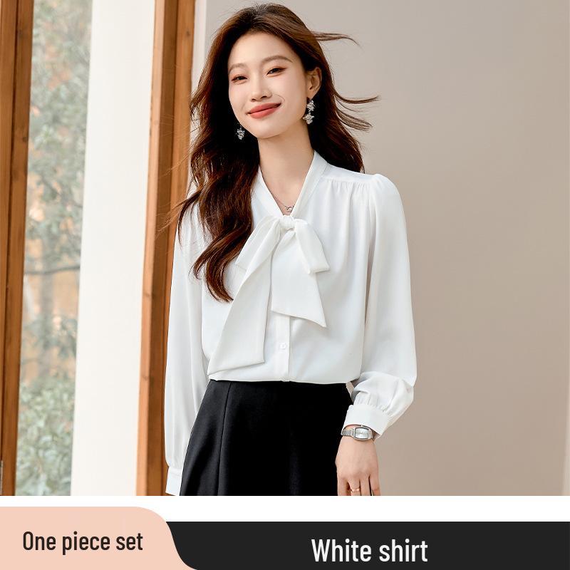 Women's Long Sleeve Blue Bow Chiffon Blouse - Professional French Workwear