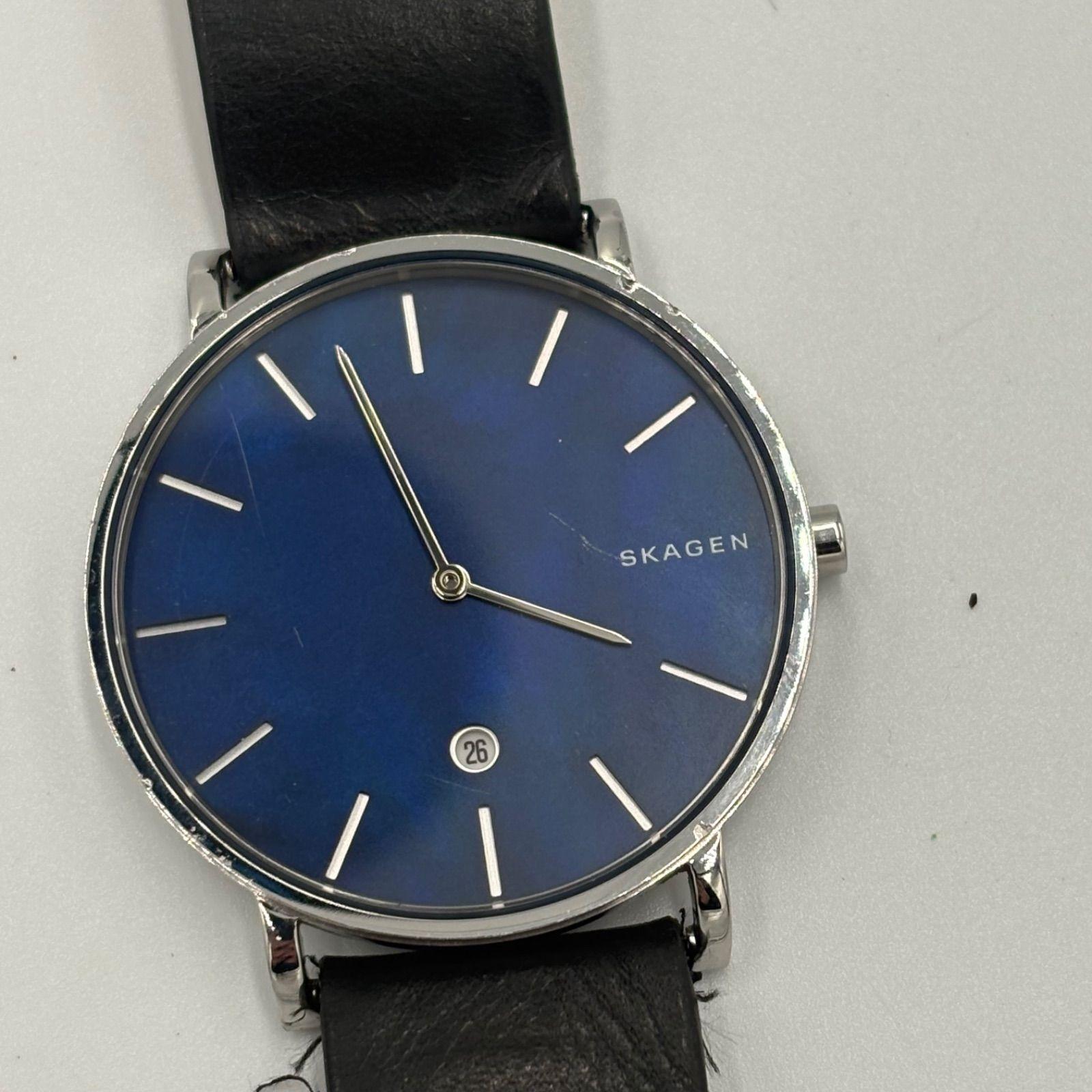 Used SKAGEN HAGEN Watch Men s Blue Dial Black Leather Strap Date Display Simple Scandinavian Design