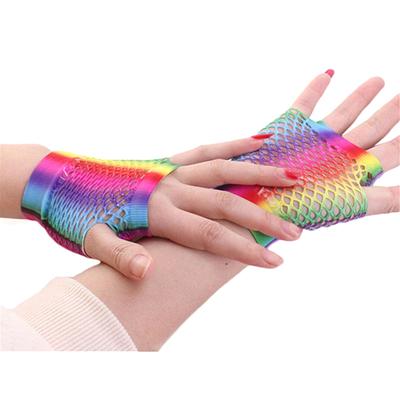 1 Par Cor Arco-Íris Feminino Sexy Rede de Malha Luvas Rede de Pesca Mulheres Vazadas Buracos Luvas Sem Dedos Dama Fantasia de Dança Disco Luva