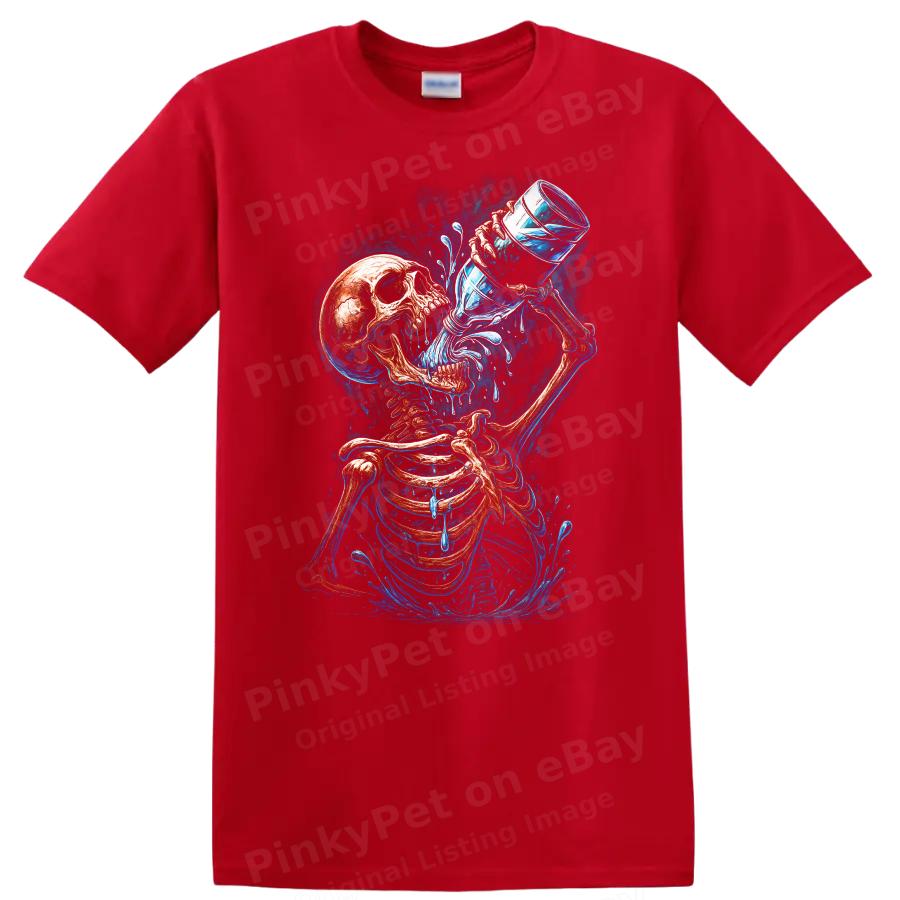 Skeleton Drinking Water Funny Graphic T Shirt Cool Art Design Tee
