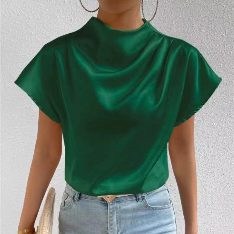 New Summer Round Neck Short Sleeve Pleated Casual Shirt for Women Fashion Elegant Tops Slim Fit Solid Loose Women Blouses Simple Ladies Shirts 26524