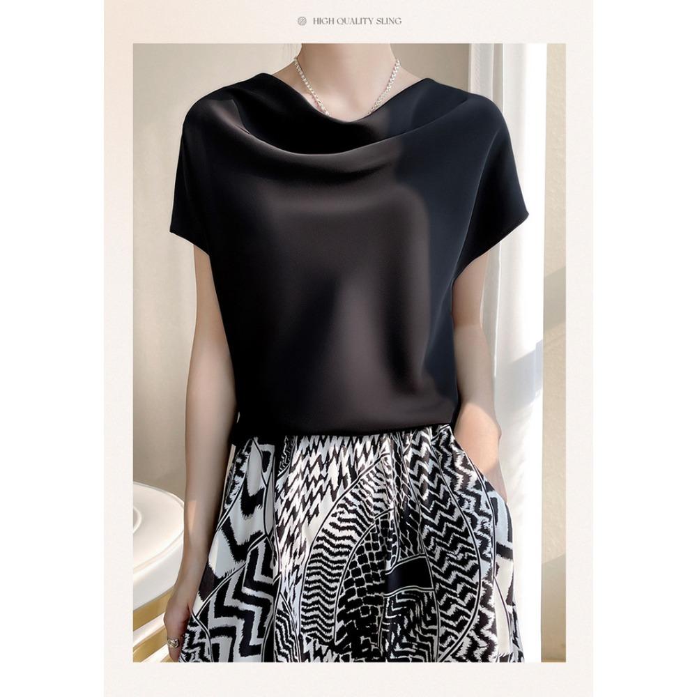 Top Corto da Donna in Seta Raso Primavera Estate, T-shirt Elegante Semplice a Manica Corta con Colletto alla Francese, Blusa Casual Taglie Forti