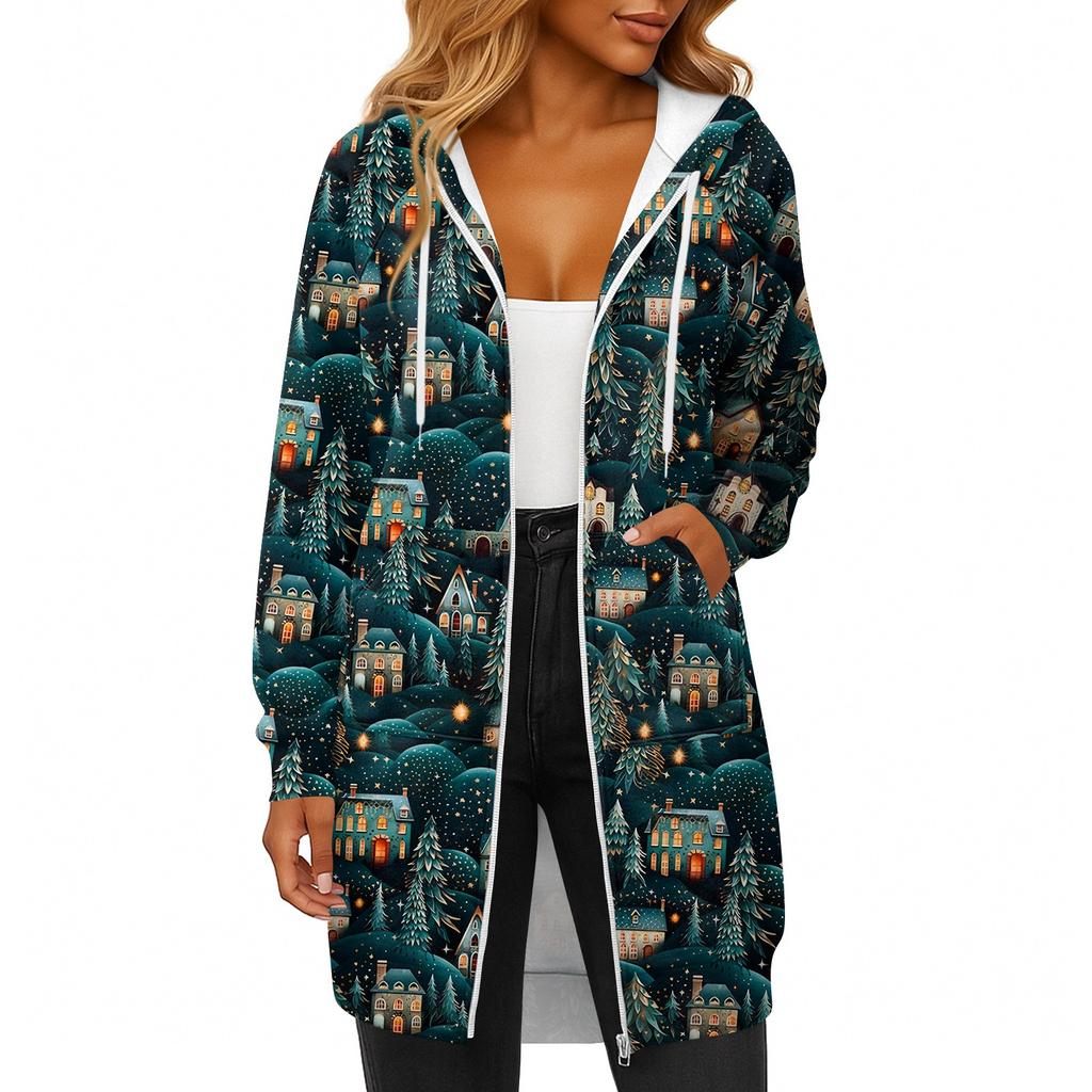 Women's Fashionable Christmas Printed Long Sleeved Drawstring Hooded Zipper Pocket Long Casual Sweatshirt Jacket