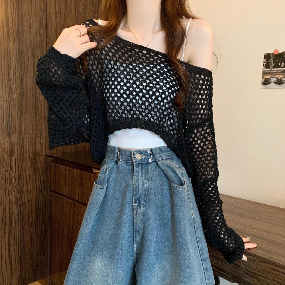 Summer new knitted sweater short blouse hollow solid color loose crew neck sweater top