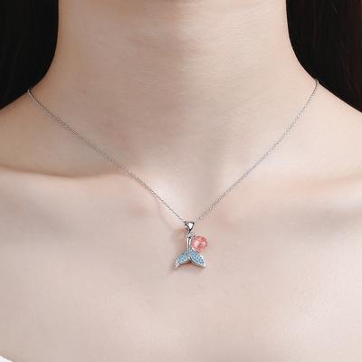 925 Sterling Silver Mermaid Fishtail Necklaces with Natural Strawberry Crystal Cubic Zirconia Jewelry For Women Gifts S-N450