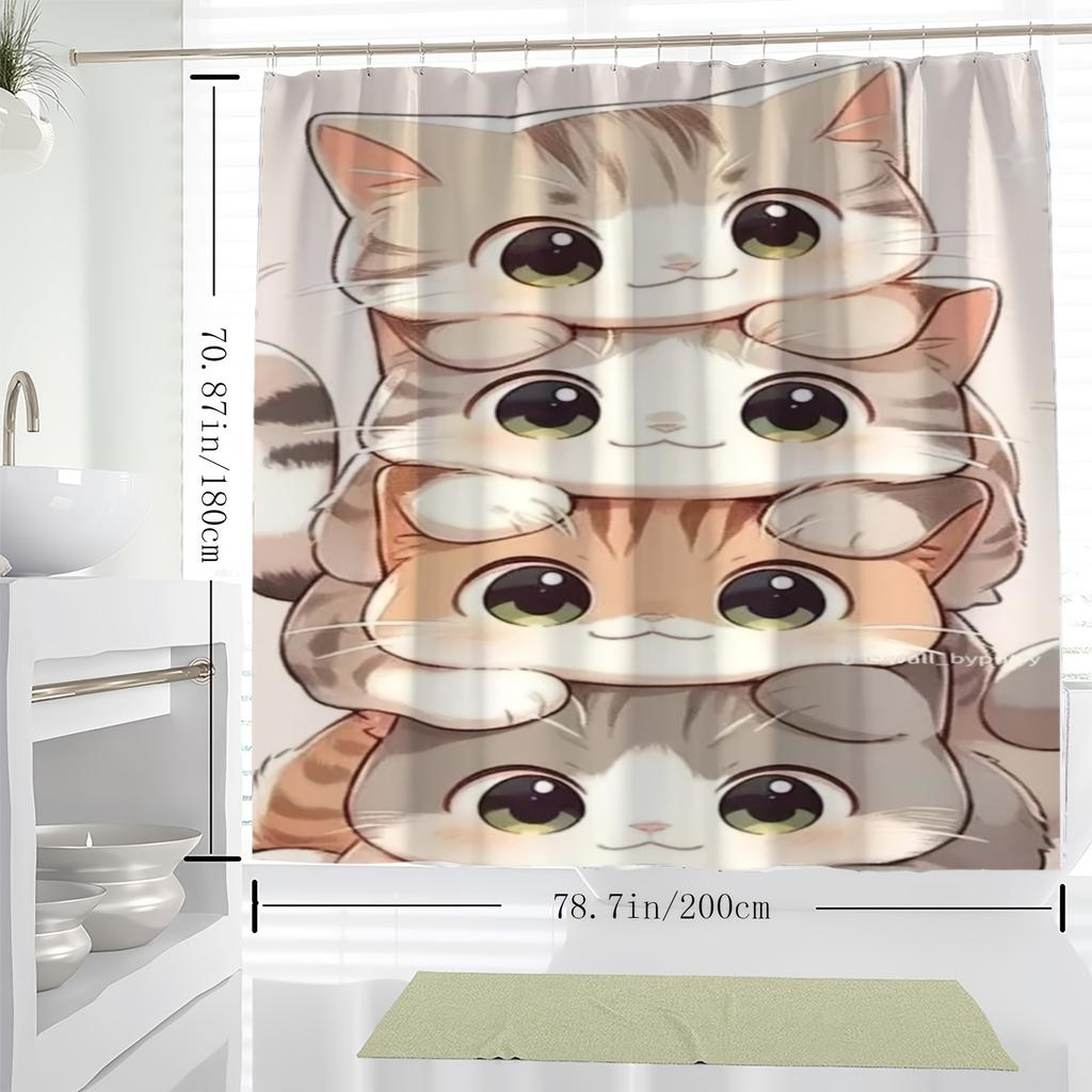 One-Piece Shower Curtain - Digitally Printed Art Pattern, Four Cute Cats Stacked, Polyester Fabric, With Hooks