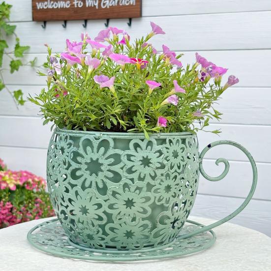 Vintage Teacup Planter Iron Floral Cutout Flowerpot Decorative Plant Pot for Succulents Herbs Flowers Indoor Outdoor Garden Decor