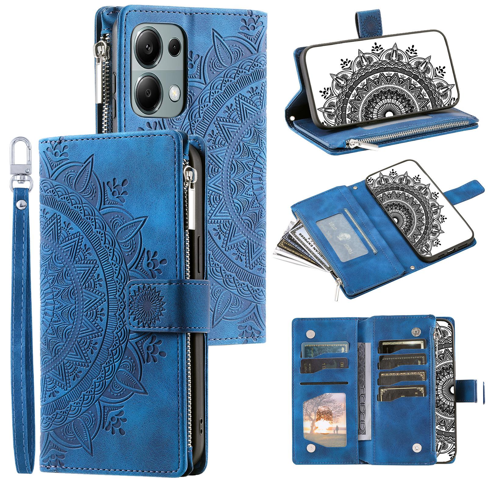 

For Xiaomi Redmi Note 13 5G Case Mandala Imprinted Design Leather Wallet Phone Cover with Strap Blue