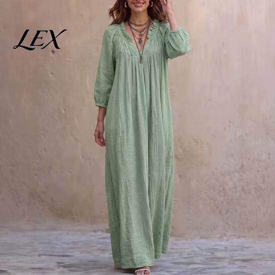 3/4 Sleeves Maxi Dress Bohemian Ruffle V-Neck Long Dress, for Comfortable Women Dresses Women, Solid Color Casual Loose Spring Fall Flowy