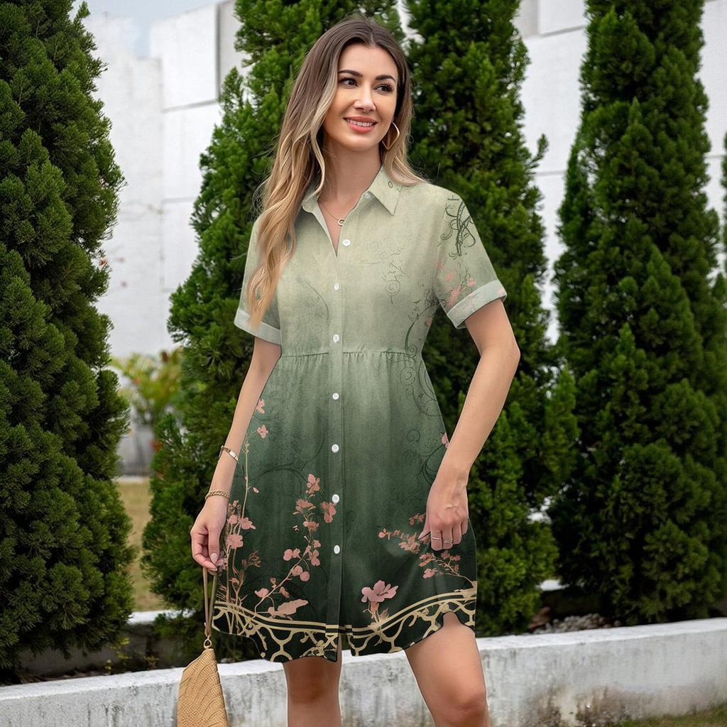Casual Loose Fit Shirt Dress for Women Button Front Short Sleeve Collared Dress Lightweight Comfortable Summer Dress