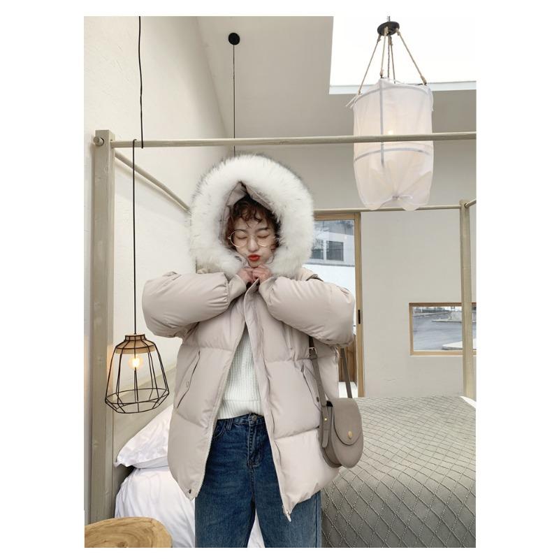 Women S Short Loose Fit Cotton Padded Coat With Big Fur Collar Winter Casual Style