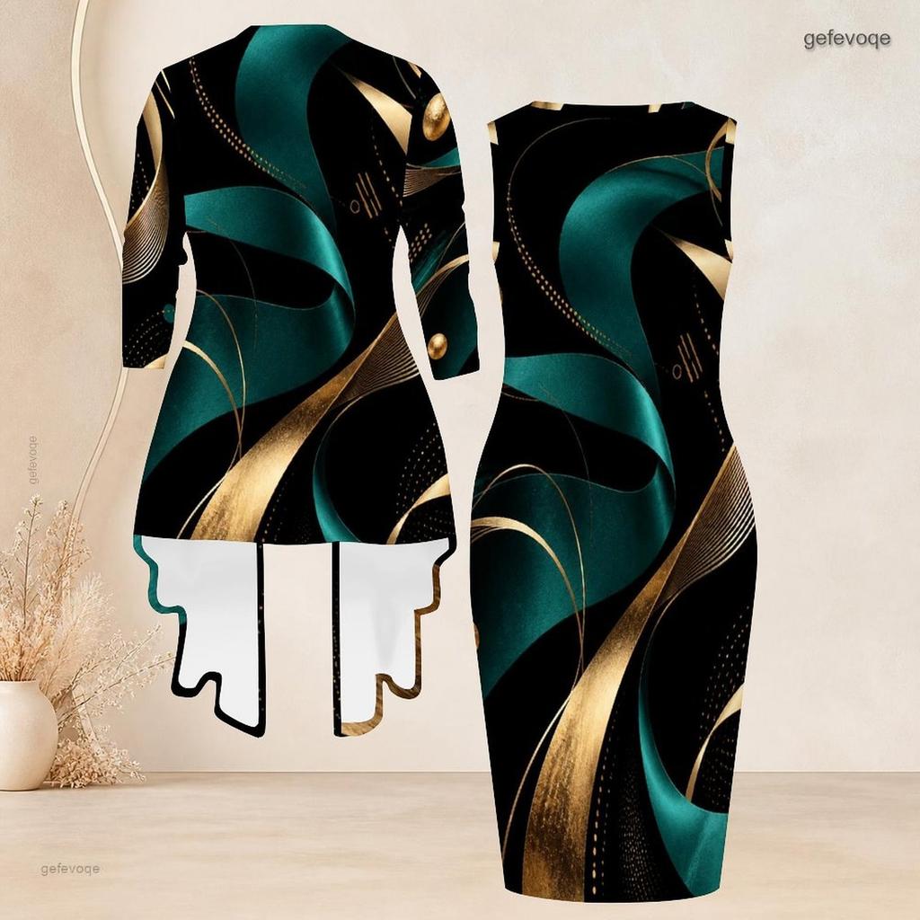 Women Plus Size Black Blue Printed Two Piece Set Long Sleeve Cardigan Sleeveless Bodycon Dress