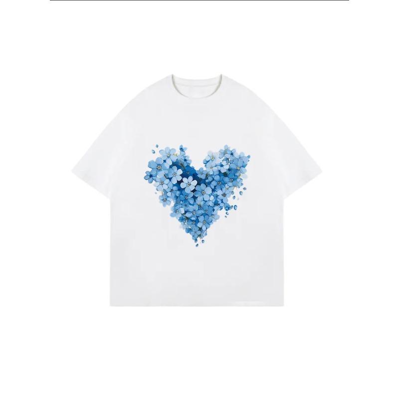 Kurzarm-T-Shirt für Damen mit herzförmigem Muster aus blauem Blumenprint