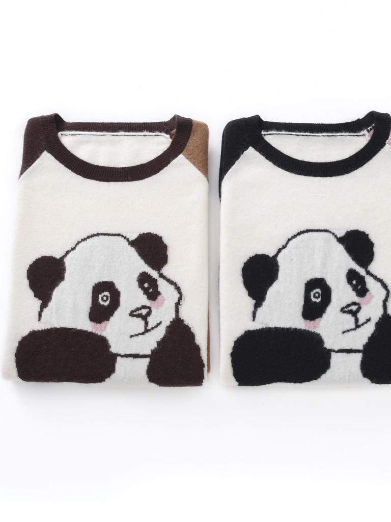 Panda Raglan Sleeve Knit Patchwork T-shirt - Trendy Loose Fit
