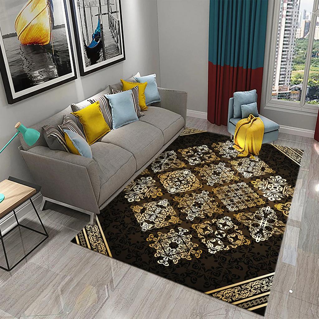 3D Black Golden Luxury Carpet for Living Room Bedroom Bedside Rugs European Style Hallway Decor Carpets Bathroom Non-slip Rugs