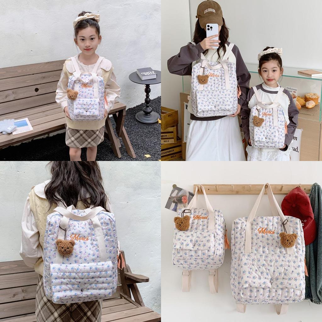 Kid Cotton Quilted Backpack With Floral Prints For School And Travel