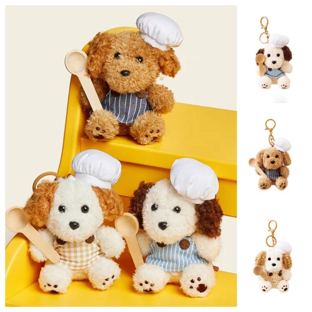 Fluffy Chef Style Dog Plush Keyrings Soft Stuffed Animals Backpack Keyrings Hanging Accessory