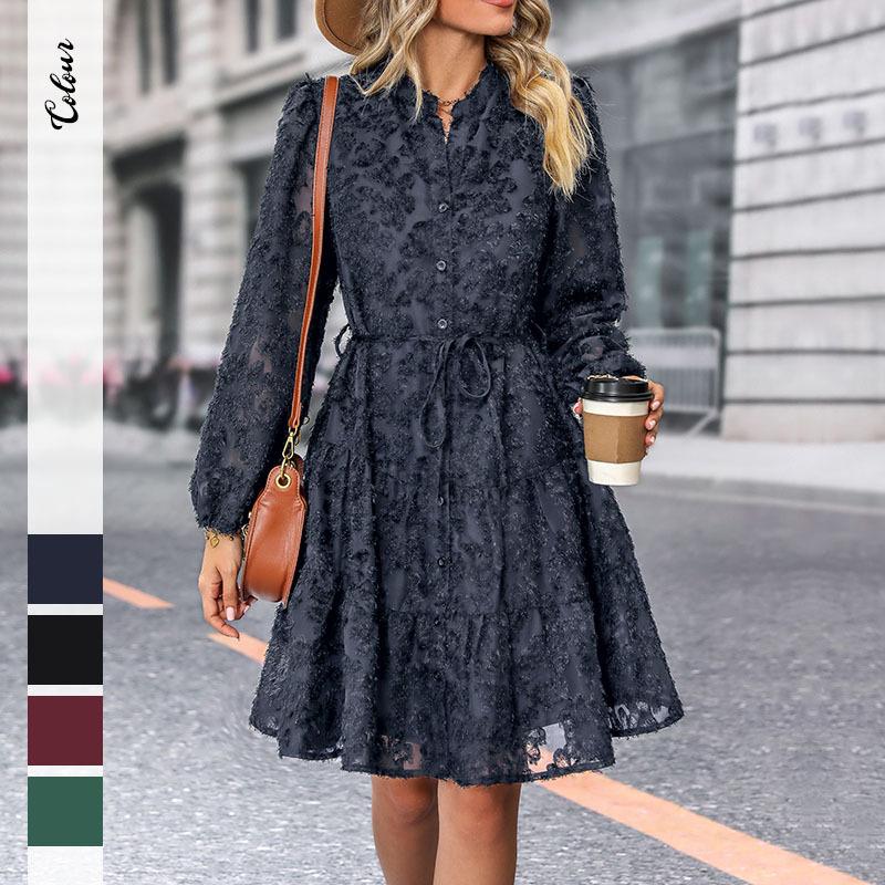 Russian women's spring new European and American long-sleeved lace perspective jacquard dress