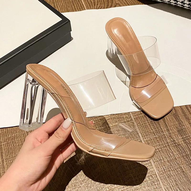 Fashion Summer Women Pumps Sandals 9cm Jelly Slippers Sexy Open Square Toe High Heels Women Transparent Slippers Shoe Heel Clear Sandals