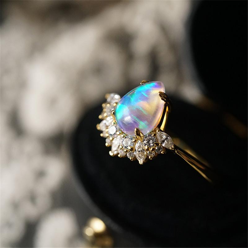 Luxury Female Blue Fire Opal Stone Engagement Ring Trendy Gold Color Water Drop Wedding Jewelry Gift For Women