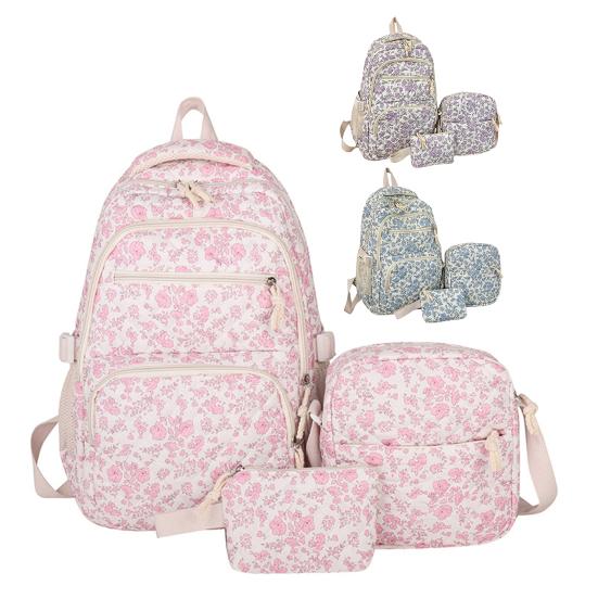 3 Pcs/Set Floral Backpack Women Flower Rucksack Shoulder Bag Makeup Pouch Quilted Daypack for Girls School Work Travel